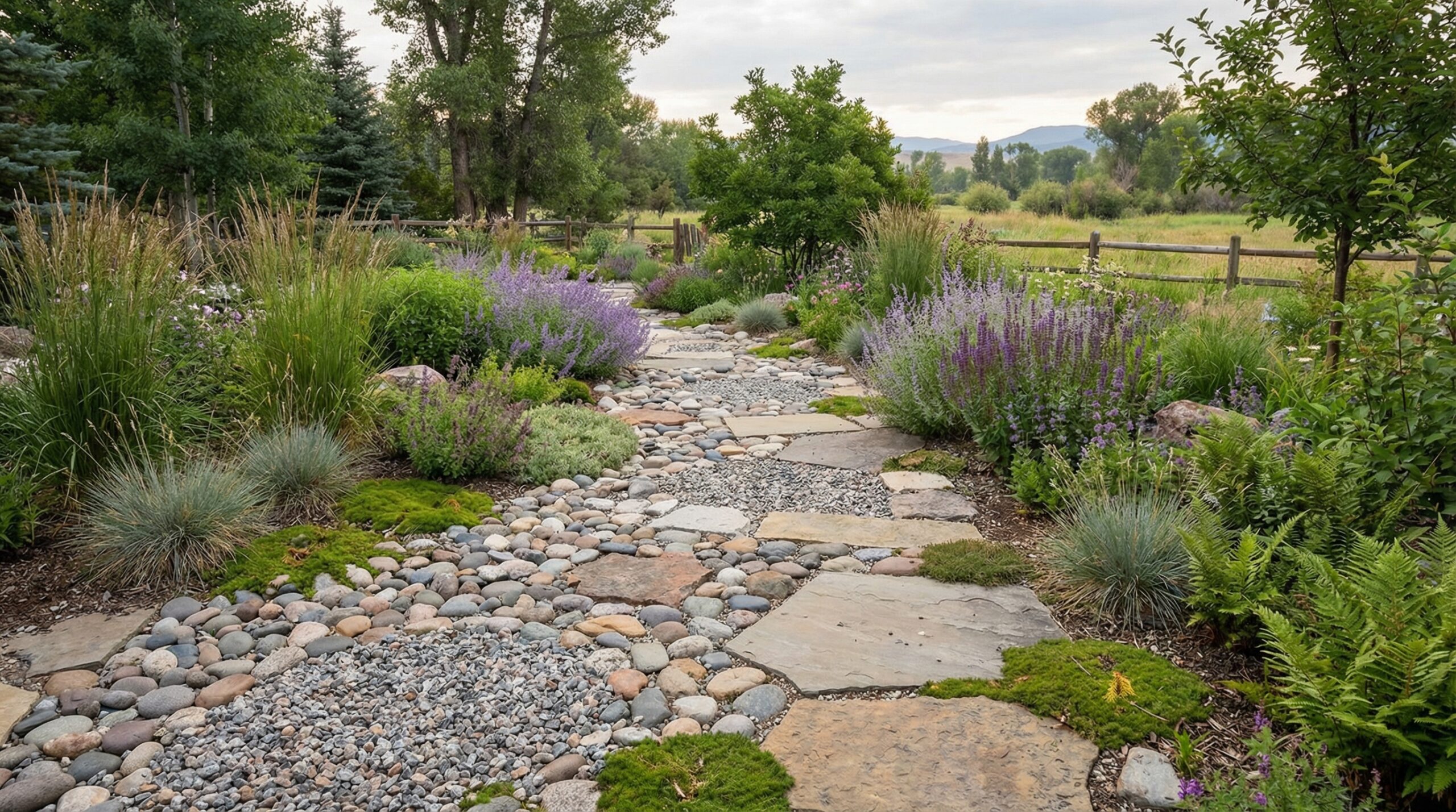 Landscaped garden with decorative gravel pathways and plants